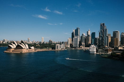 View of Sydney's skyline featuring the iconic Opera House and harbor during a sunny day.