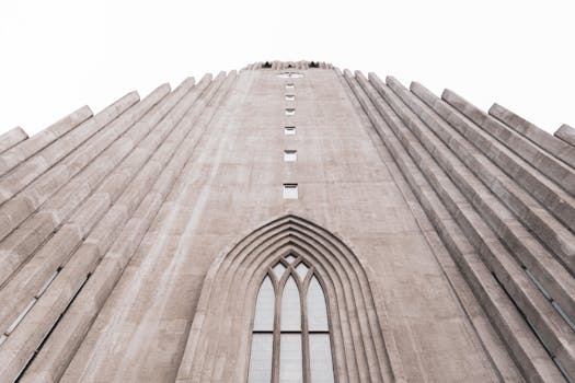Low angle view of Hallgrimskirkja church in Reykjavik, Iceland displaying modern architecture.