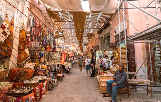 Explore the vibrant colors and lively atmosphere of a Marrakech souk, showcasing traditional crafts and local culture.
