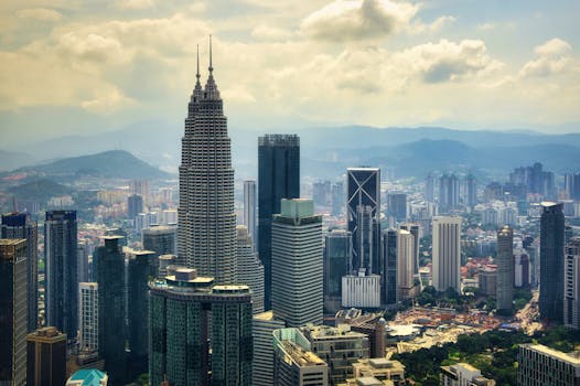 A stunning aerial view of Kuala Lumpur's skyline highlighting the iconic Petronas Towers.