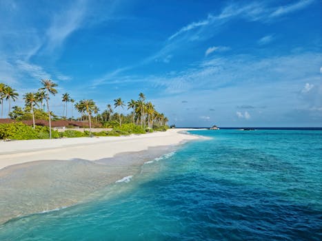 Experience the serene beauty of Maldives with turquoise waters and white sandy beach under a clear blue sky.