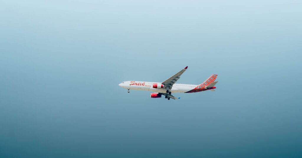 Commercial airplane flying through a clear blue sky, mid-flight view against a cloudless backdrop.