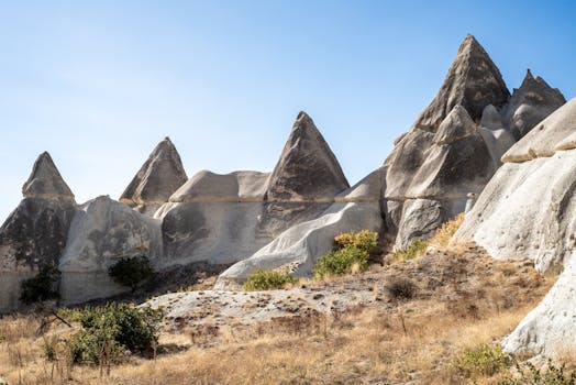 Captivating view of unique rock formations under clear skies in Cappadocia, Türkiye.