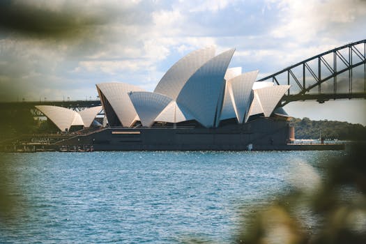 Iconic view of the Sydney Opera House and Sydney Harbor Bridge on a sunny day.