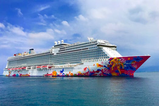 Luxurious and colorful cruise ship sailing in clear waters near Bali, Indonesia.
